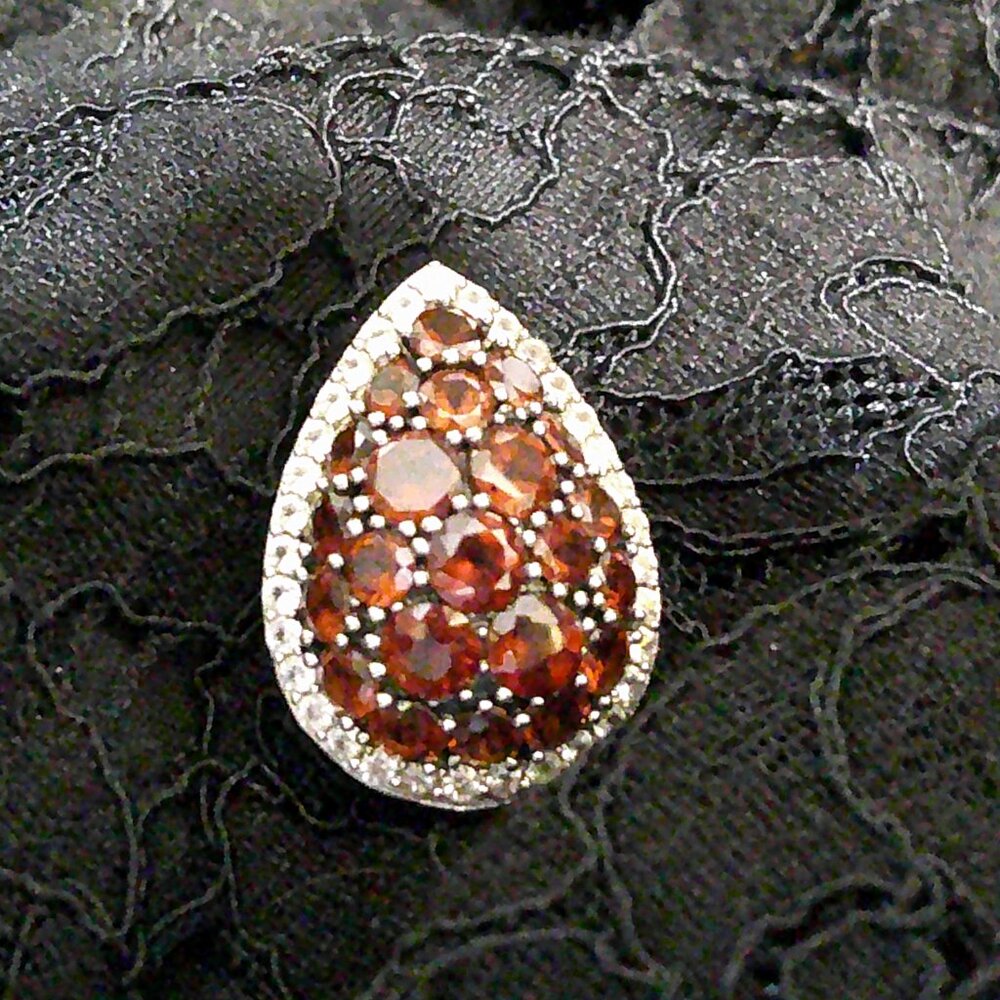 Garnet and White Zircon Cluster Teardrop Silver Pendant Gorgeous!